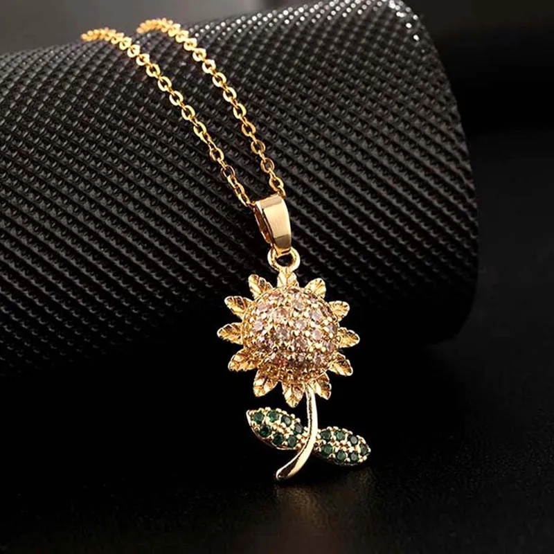 

Ожерелье для женщин с покрытием из 18-каратного золота, изысканный кулон в виде подсолнуха с кристаллами из циркония, популярные модные украшения
