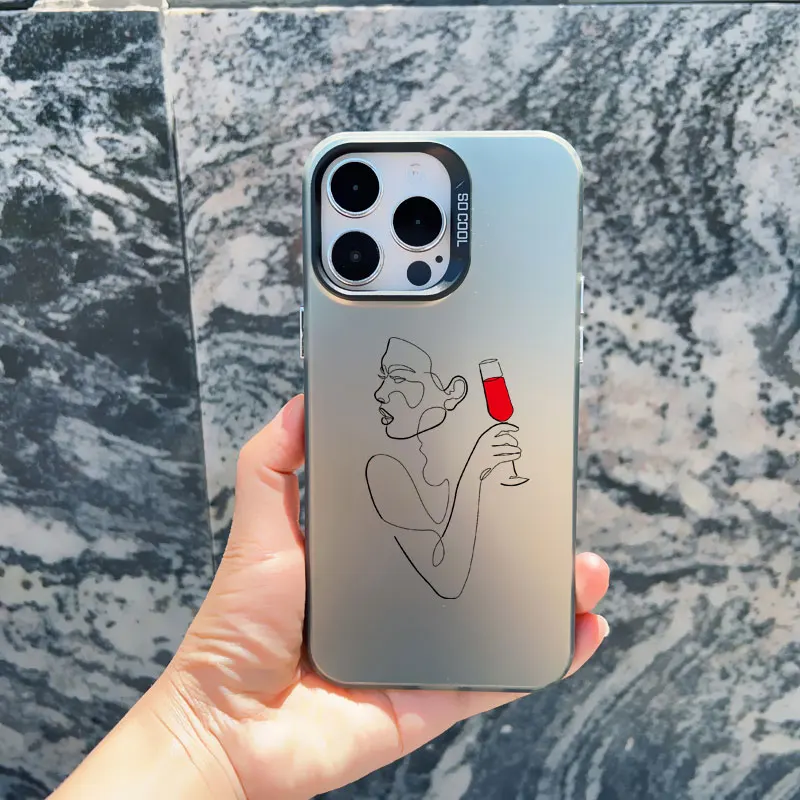 Modische Handyhülle mit Trinkbecher-Linienkunst für Damen, für iPhone 13 12 11 Pro Max Mini 17 15 14 16 Pro Max Plus, stoßfeste Laser-Cover – Detail 4