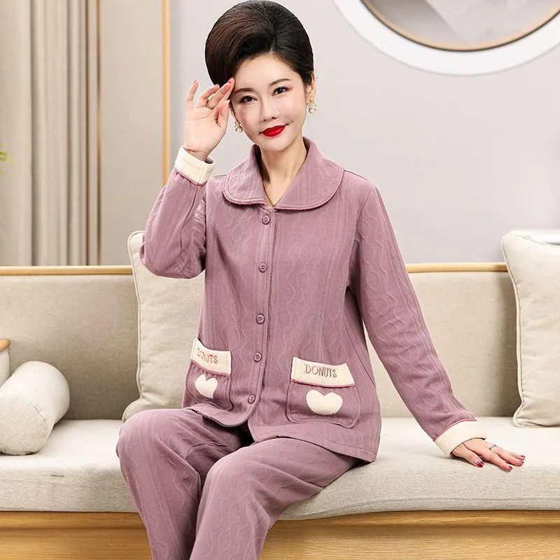 Autumn Winter Air Cotton Pajamas Women's Pure Cotton Thickened Loungewear Long Sleeve Middle Aged Sleepwear Thin Cotton Clip Set