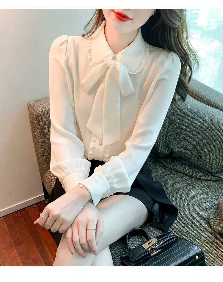 Bow Tie White Chiffon Shirt 2022 Spring Summer Korean Fashion Blouse Lace Elegant Long Sleeve Shirt for Female Casual Clothing