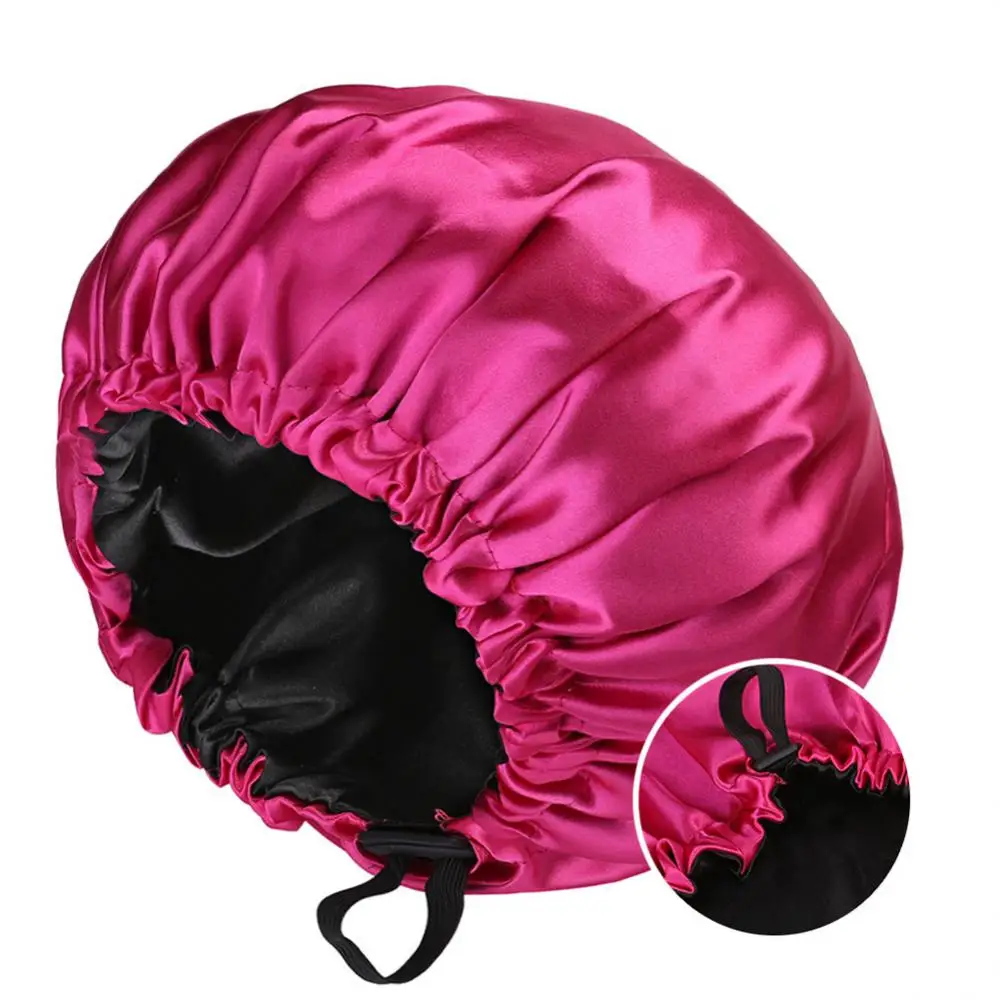 Double Layer Satin Solid Sleeping Hat Night Sleep Cap Hair Care Nightcap Bathroom Shower Cap Bath Cap Adjustable Elastic Cap