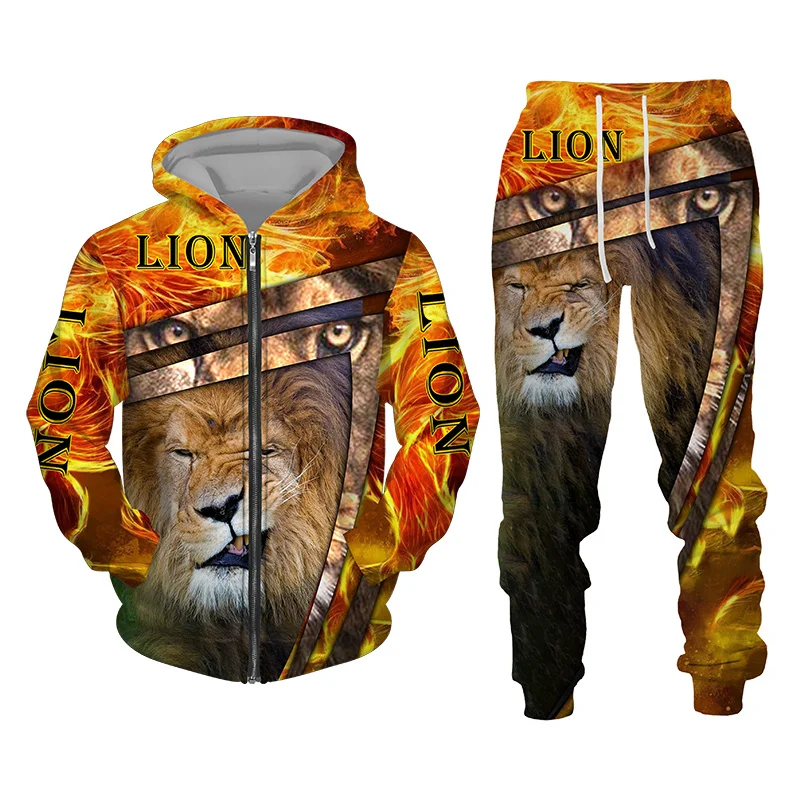 

New 3D Printing Lion Fashion Men Women Tracksuits Crewneck Zip Hoodies+pants Plus Size S-7XL Harajuku Man Clothes Four Seasons