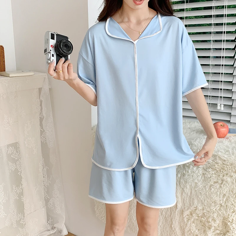 Summer Imitation Cotton Thin Solid Color Pullover V-neck Short Sleeve Shorts Pajamas Women's Set Casual Simple Sweet Homewear