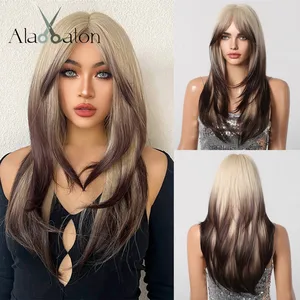 ALAN EATON Blonde to Brown Layered Wigs with Bangs Long Straight Synthetic Wig Heat Resistant Fiber Ombre Wigs for Daily Party