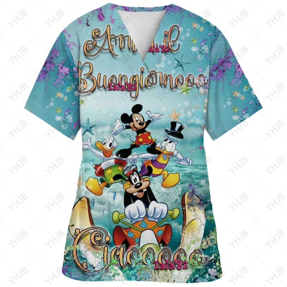 Summer Women'S Infermieristica Scrub Uniform Ladies Disney Mickey Stampato Con Scollo A V Paramedic Nurse Work Medical Uniform T-Shirt Tops