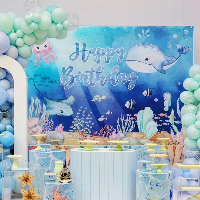 Description Picture 5 of itemUnder The Sea Theme Photography Backdrop Summer Ocean Underwater Background Aquarium Whale Octopus Birthday Party Decoration