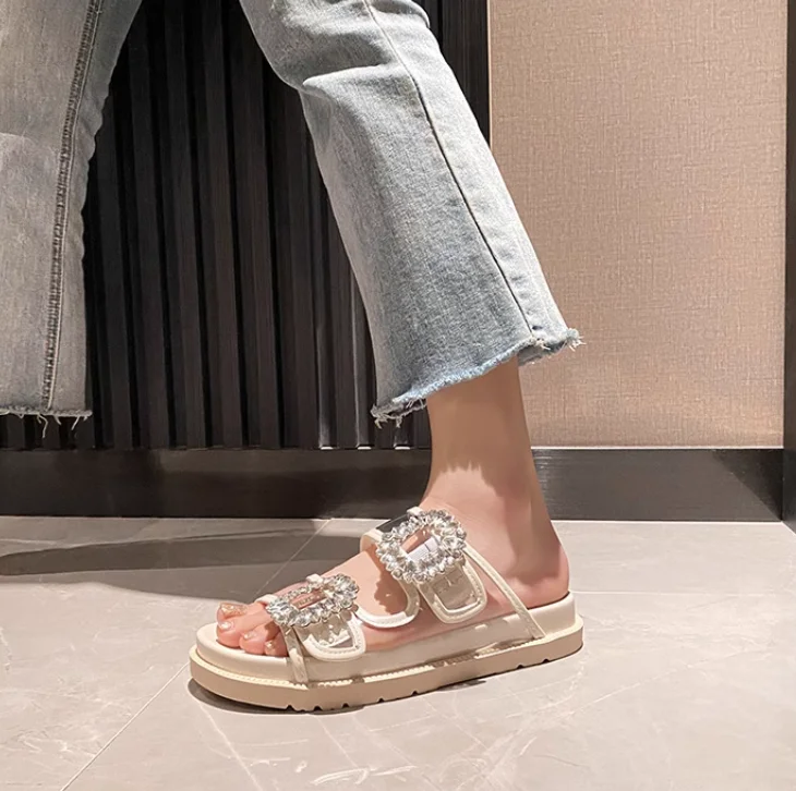 Plus Size43 Pu Leather Beach Sandals Mules Slip On Pearl Crystal