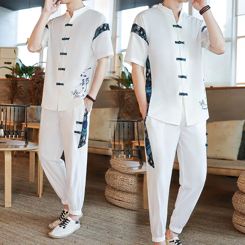 

Men's Clothing Large Size Tracksuit Husband 2022 Summer Suit Linen Shirt Fashion Male Set Chinese Style 4XL 5XL Plus Two Pieces