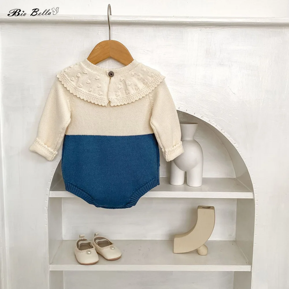 유니섹스  니트 바디수트 큰 카라 물방울 무늬 긴팔 피부 친화적인 스트레치 롬퍼 남아 여아 가을 겨울 3-24개월  스웨터