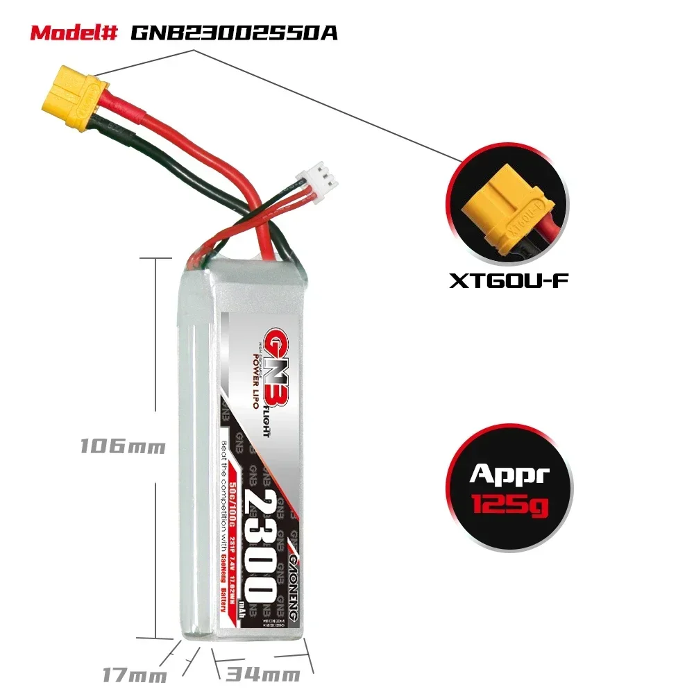 Batterie Gaoneng GNB 2300mAh 4S 14.8V XT60 posée sur fond blanc pour drone RC