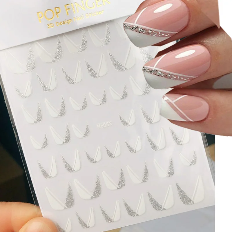 

3D French Tips Nail Stickers Shiny Glitter Silver White Sliders Decals Nail Decoration Adhesive Foils Manicure Nails Accessories