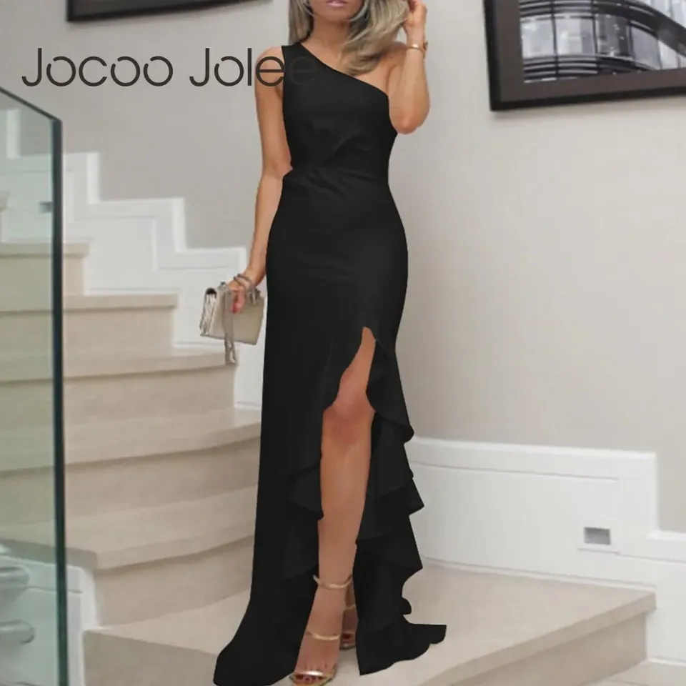 Jocoo Jolee Sexy One Shoulder Irregular Ruffle Hem Long Dress Women Casual Bodycon Bandage Nightclub Dress Elegant Party Dress
