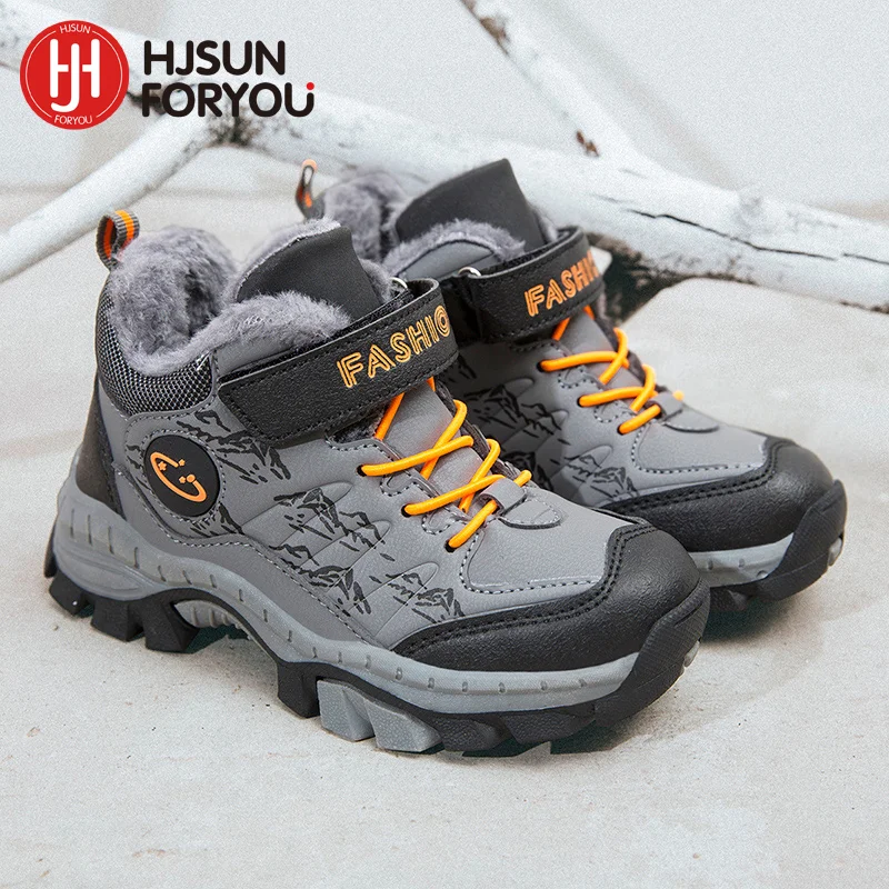 Children Casual Luminous Shoes For Boys Breathable Sneaker Winter Warm Plush Kids Hook&Loop Non-slipl Hiking Shoes