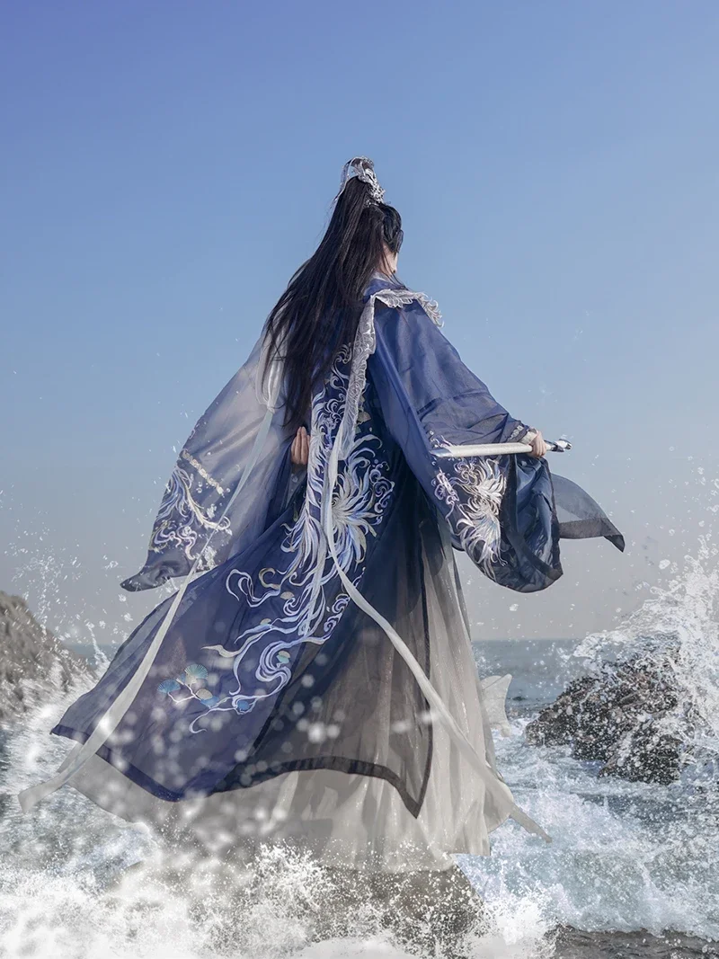 

3 шт., винтажный костюм Hanfu для мужчин и женщин, рубашка + юбка + пальто с вышивкой и градиентом