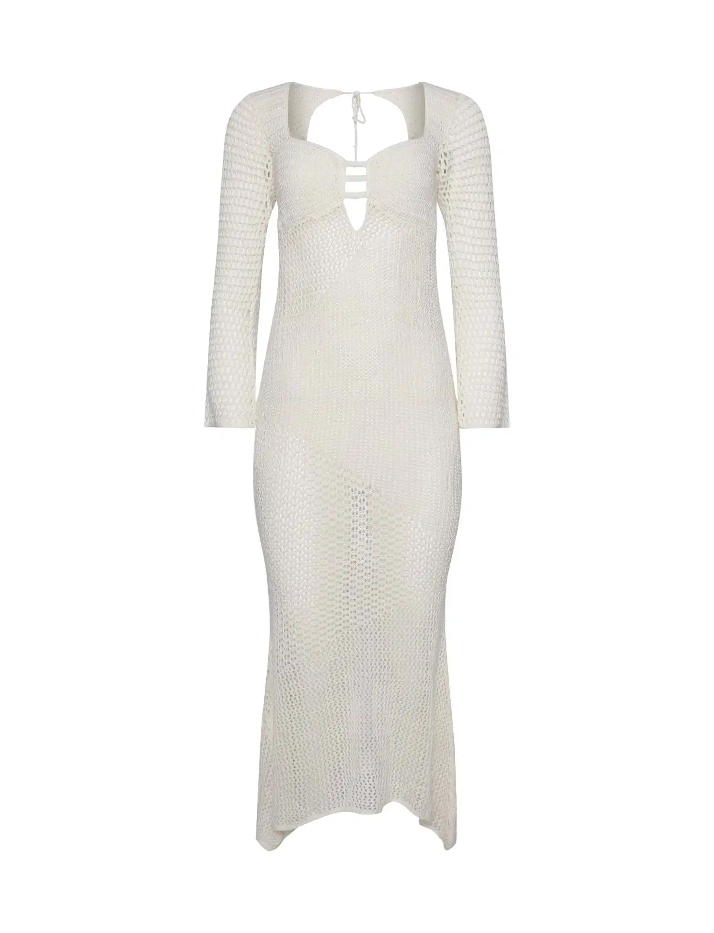 Hollow Out Knit See-Through Maxi Dress Female Patchwork Backless Lace-Up Slim Fashion Beach Holiday Knitwear Women Dress