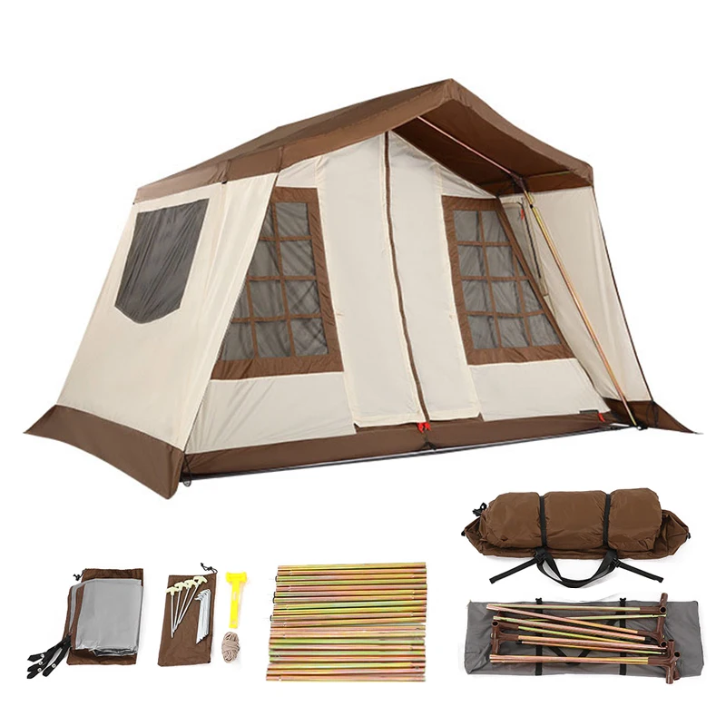 

5-6 Person Glamping Tents Sun Shelter Easy Setup 4 Season Waterproof Windproof Outdoor Oxford Tents with Mesh Windows & Doors