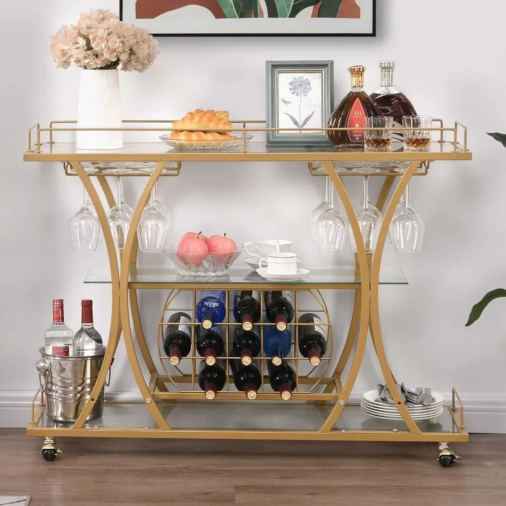 Bar Serving Cart with Glass Holder and Wine Rack, 3-Tier Kitchen Trolley Tempered Shelves Gold-Finished Metal Frame, Mobile