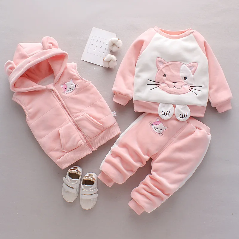 

Children's Clothing 2023 Winter Baby Boys Girls Clothes Cartoon Velvet Warm Veat+Tops+Pants 3pcs Set 1-4 Year Kids Clothes Girls