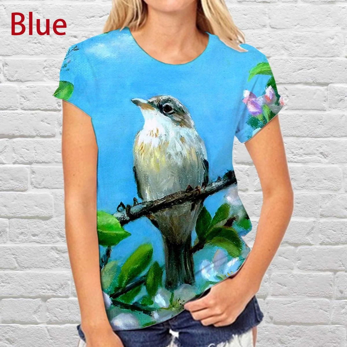 

Women's Fashion 3D Painting Graffiti Peach Blossom Theme Small Bird Print T-Shirt Crew Neck Short Sleeve
