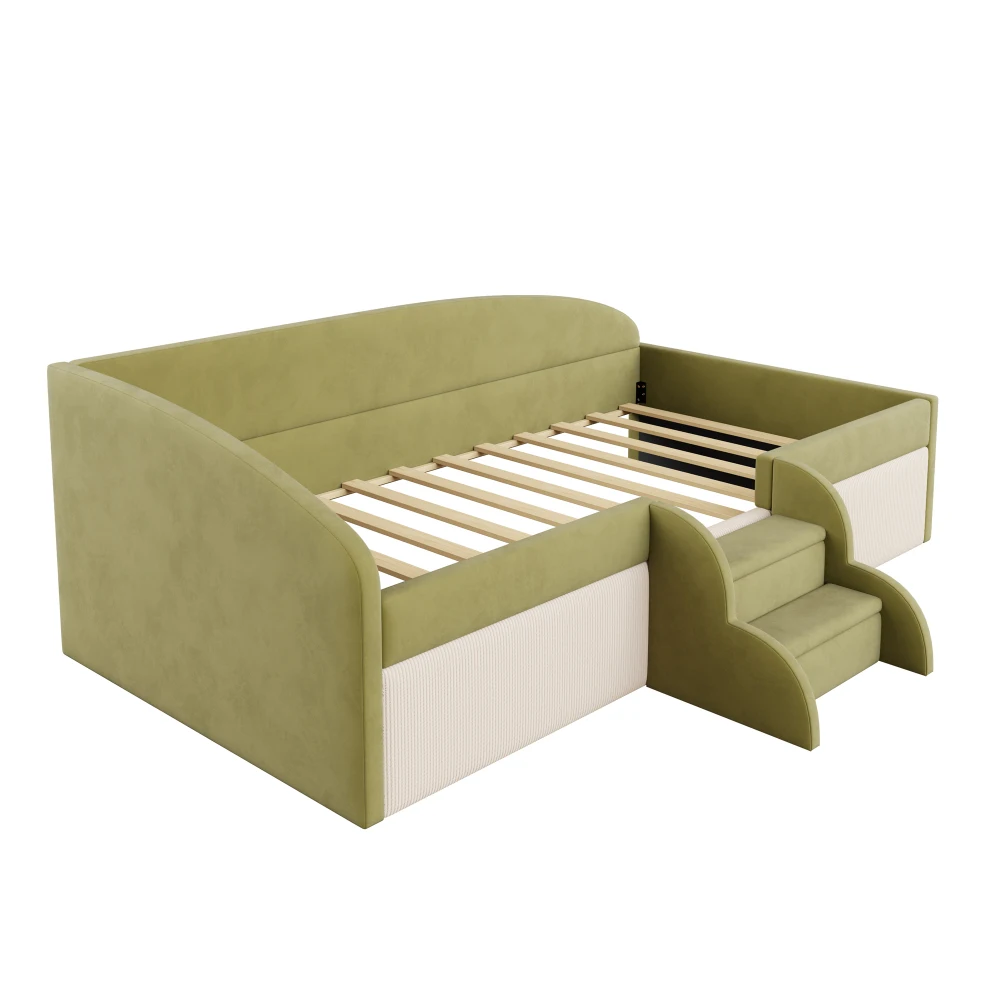 90 * 190 cm schönes gepolstertes Schlafsofa, mit Treppen und Zäunen, hautfreundlicher Samtstoff, für Kinderzimmer (ohne Matratze) – Detail 9