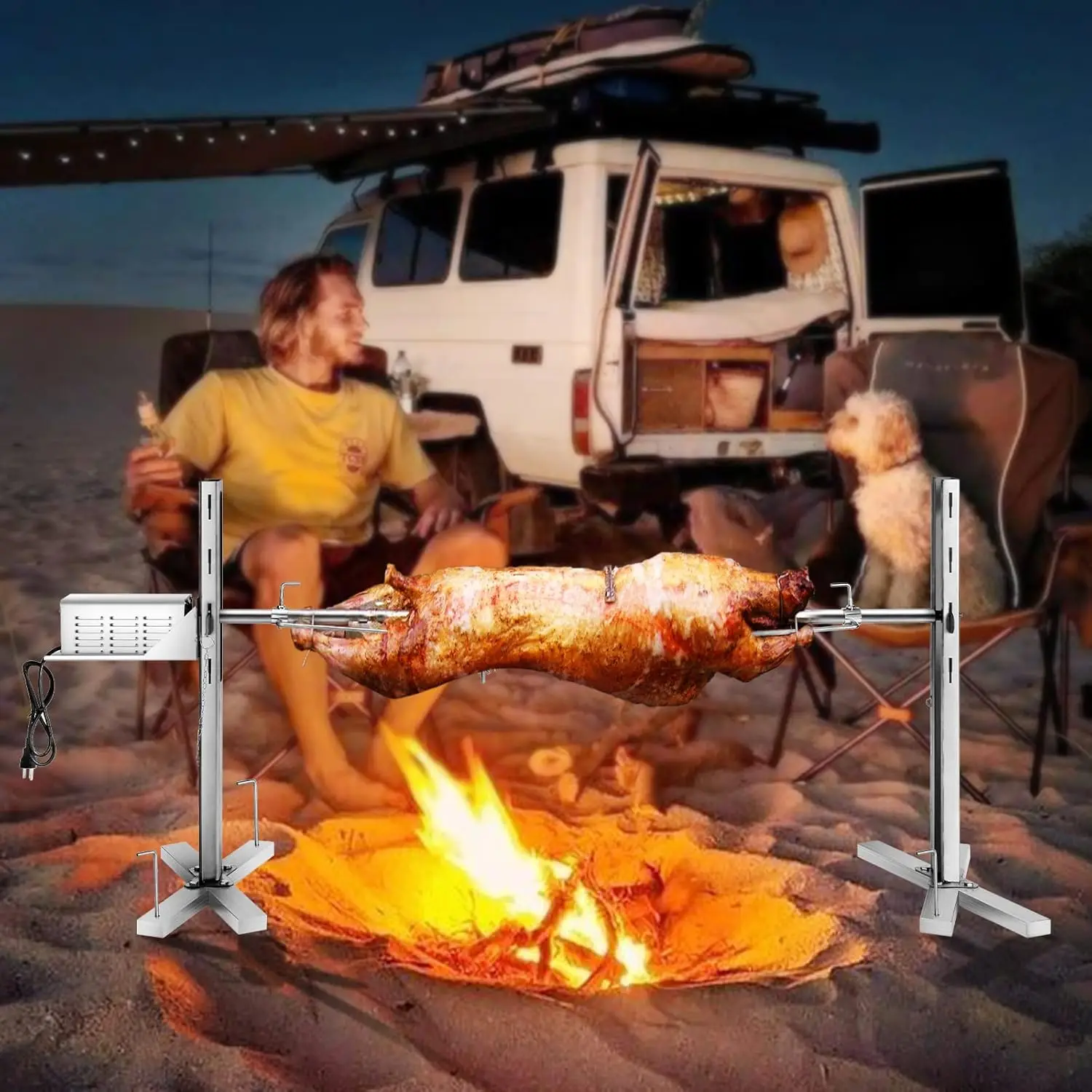 Grill Kit Stainless Steel Tripod Rotisserie Stand,52inch Pig Lamb Hooded Roaster Charcoal Spit with 15W Motor & Adjustable Heigh 6