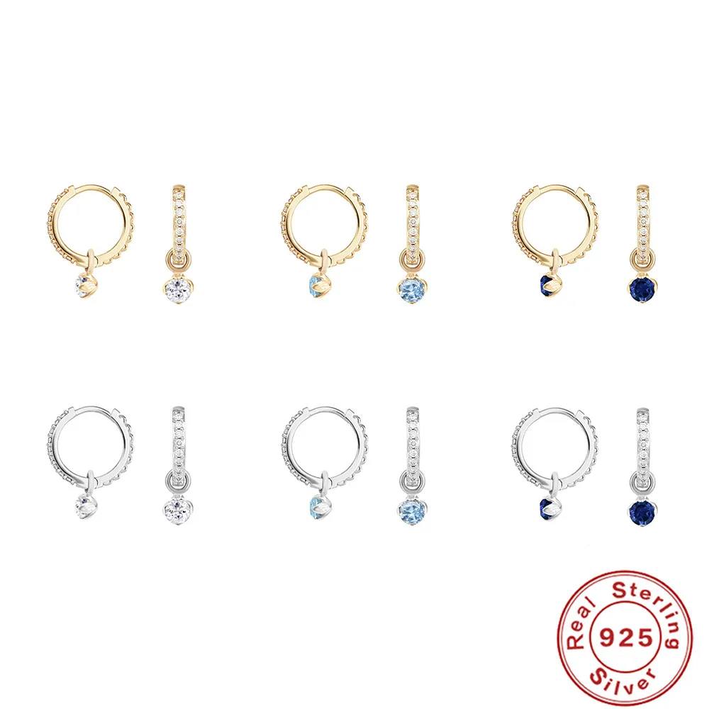 ROXI 컬러 미니 지르콘 매달려 귀 반지 여성용 9mm 귀 버클 Pendientes De Plata 925 Para Mujer