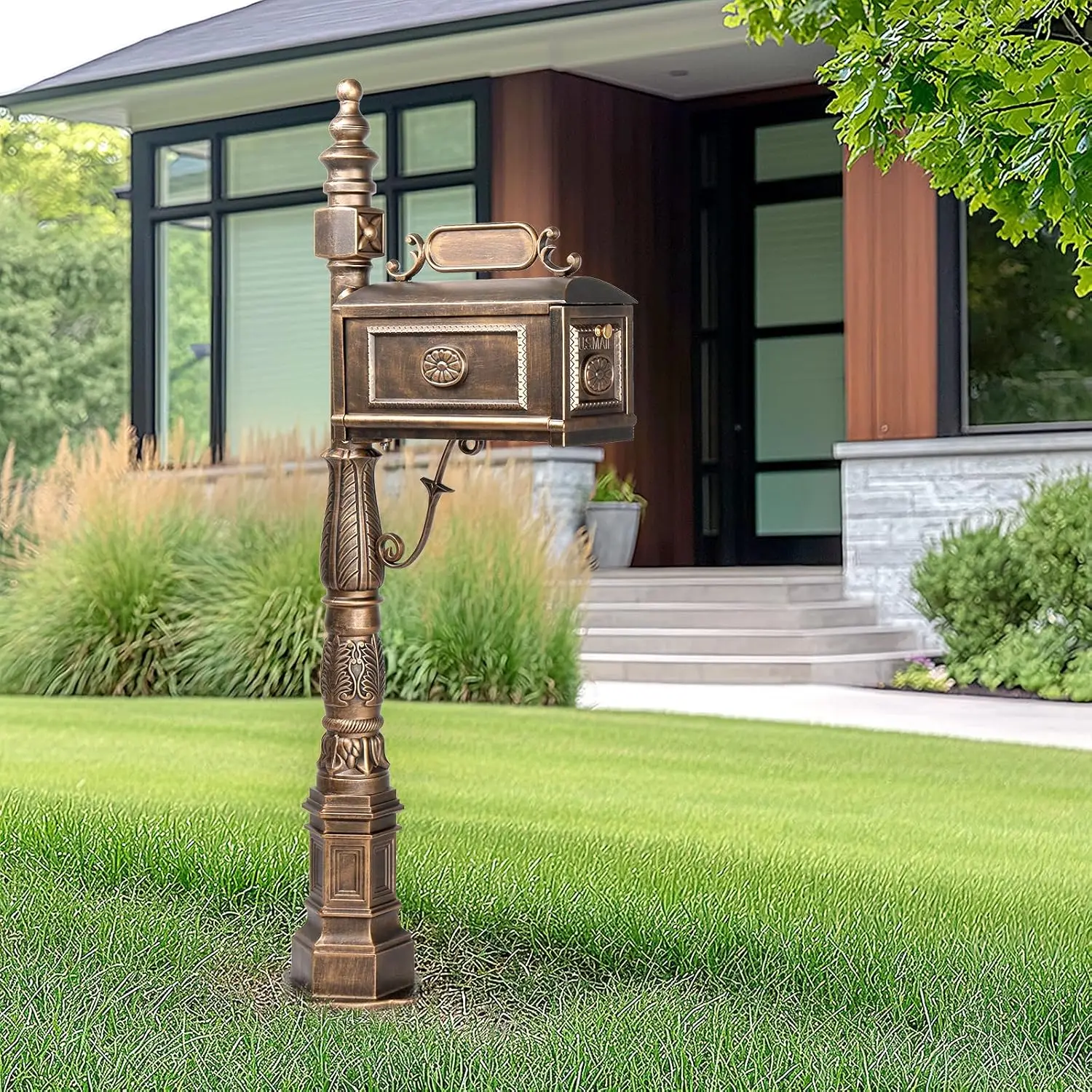 Cast Aluminum Mailbox, Barcelona Decorative Post Mailbox, Rust-Proof Large Security Heavy Duty Mailbox (Bronze)