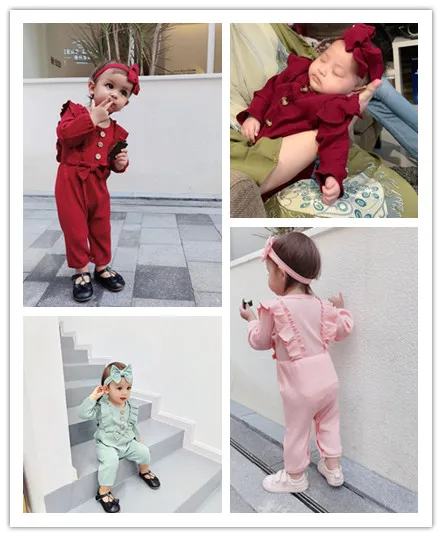 Strampler für Neugeborene, Mädchen, langärmelig, Rüschen-Body mit Stirnband, Herbst- und Winter-Einteiler, Outfit, Kleidung für Babys von 0–18 Monaten – Detail 2