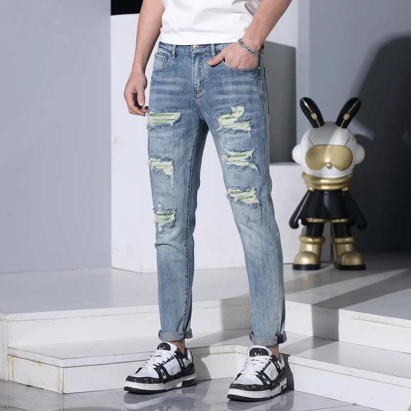 Ripped Jeans Men\'s Summer Thin Elastic Soft Comfortable Breathable Street Fashion Slim Fit Skinny Blue Casual Pants