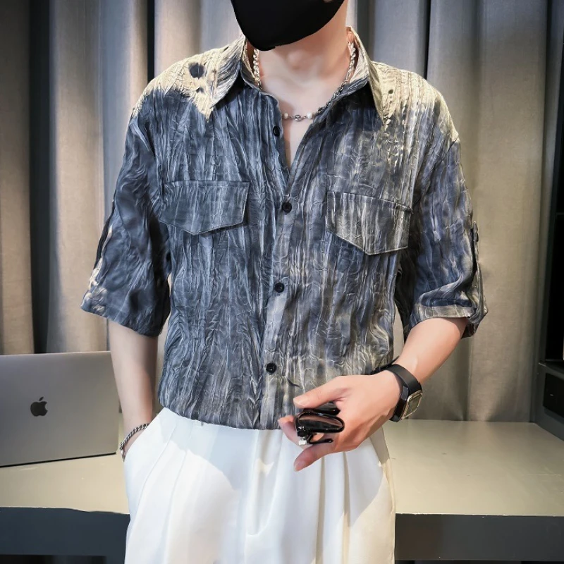 

High-quality Tie Dyeing Sunscreen Short Sleeved Shirt Men 2024 Summer Half Sleeve Loose Casual Shirts Social Party Men Clothing