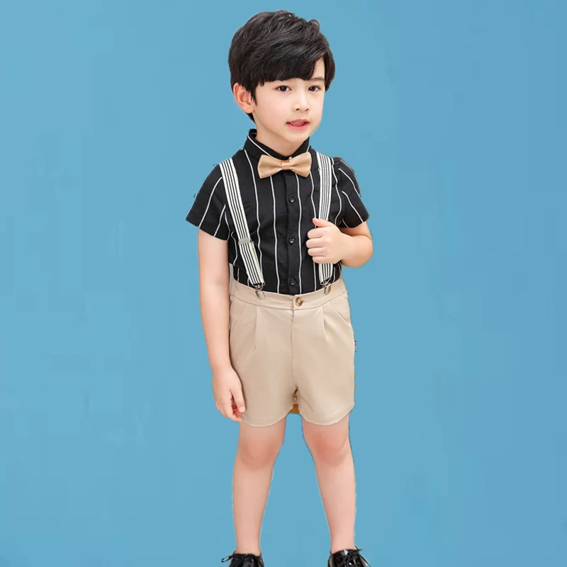 

2022 School Boys Summer T Shirt+Short+Suspender+Bowtie 4PCS Clothing Set Gentleman Kids Performance Dress Children Birthday Suit
