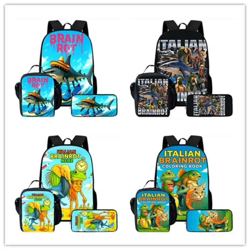 Cartoon Brain Rot Child School Backpack With Lunch Bags Pencil Bags For,Light Weight Child School Bags 1