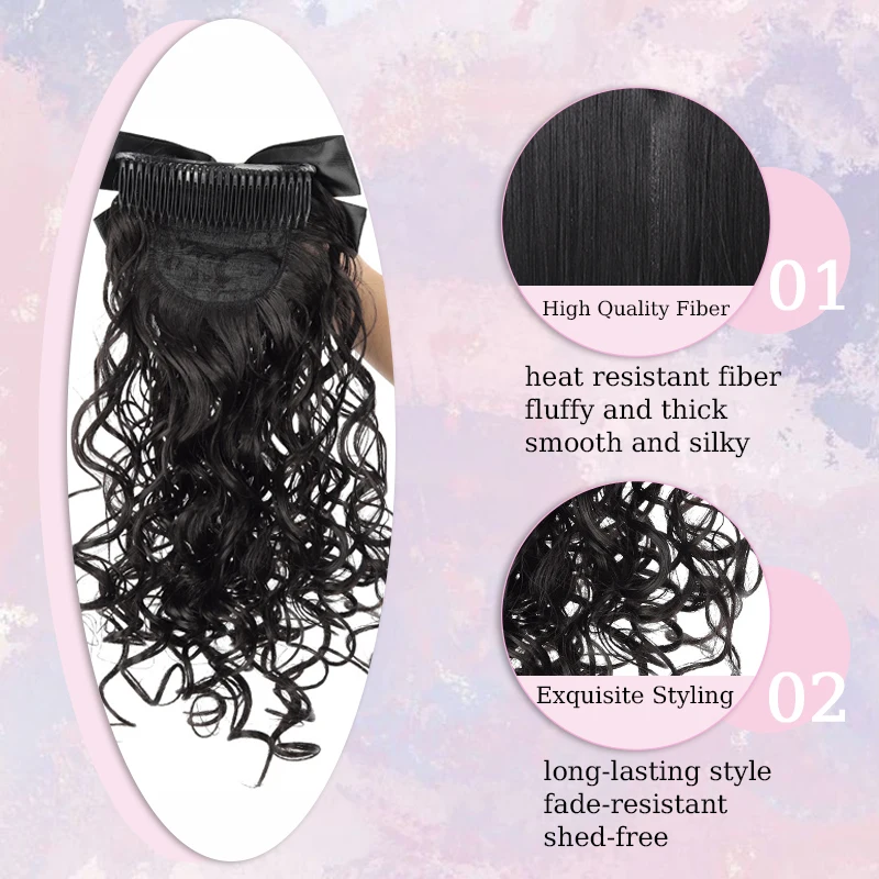 Synthetic Curly Hair Ponytail Extensions With Black Bow 14inch Wavy Curly Ponytail with Toothed Comb for Women Kids Daily Use