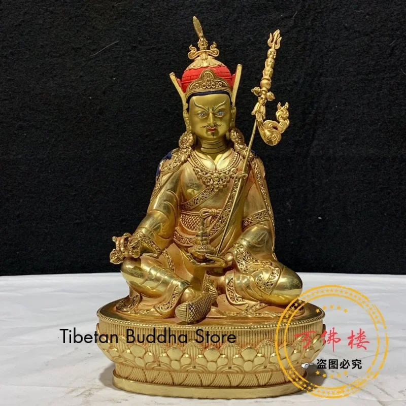 

Медная позолоченная изящная мозаика падмамбава 21 см, тибетская статуя Будды, домашние украшения, прямые продажи с фабрики, оптовая и розничная продажа