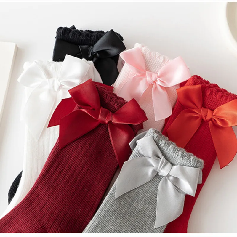 Baby Summer Clothing Kids Toddlers Girls Big Bow Knee High Long Soft Cotton Lace Baby Socks Bowknot Christmas Socks cotton socks kids socks baby socks girls socks