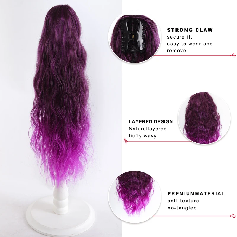 Graduated Color 20 Inch Wave Pattern Heat Resistant Synthetic Tail Extension Hair Accessory for Girls Claw Style Ponytail Wig