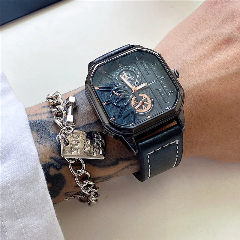 

2023 Student Square Trend Sports Watch Fashion Casual Alloy Waterproof Watch Cool Black Technology Belt Men Quartz Watches