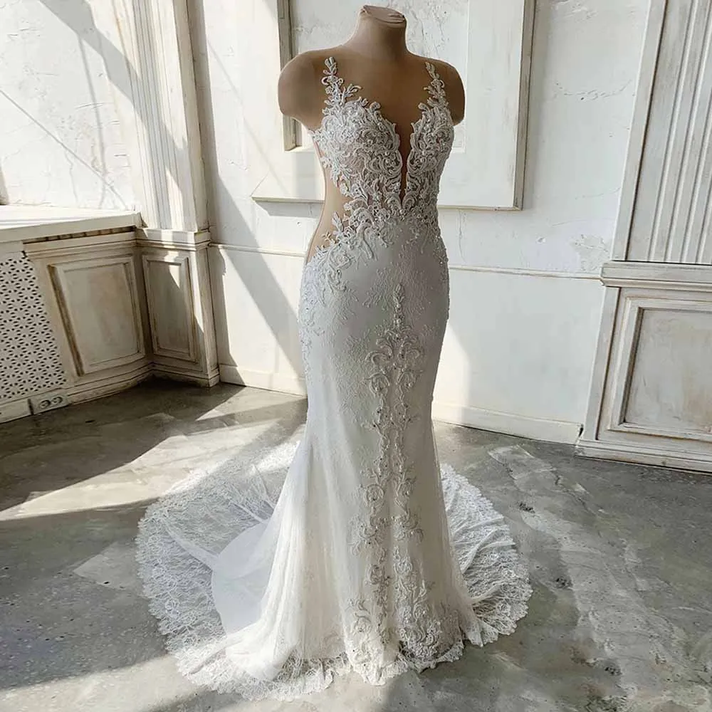 

Sexy Wedding Dress for Women 2022 Bride Luxury Wedding Gown Mermaid Beaded Applique Illusion Deep V Neck Vestidos de Novia Civil