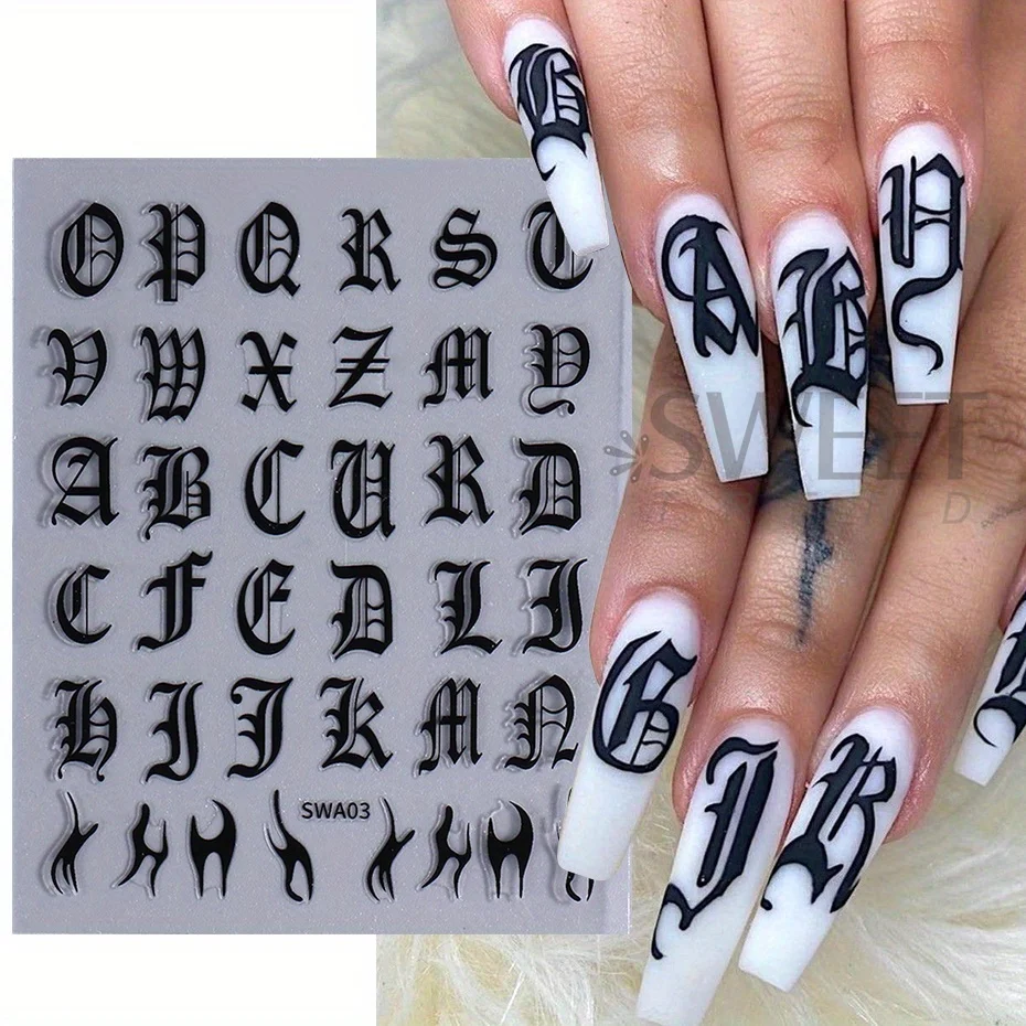2pcs Gothic Letter Nail Sticker Black White Cool Design English Alphabet Adhesive Slider Y2K Inscription Manicure Decoration Tip