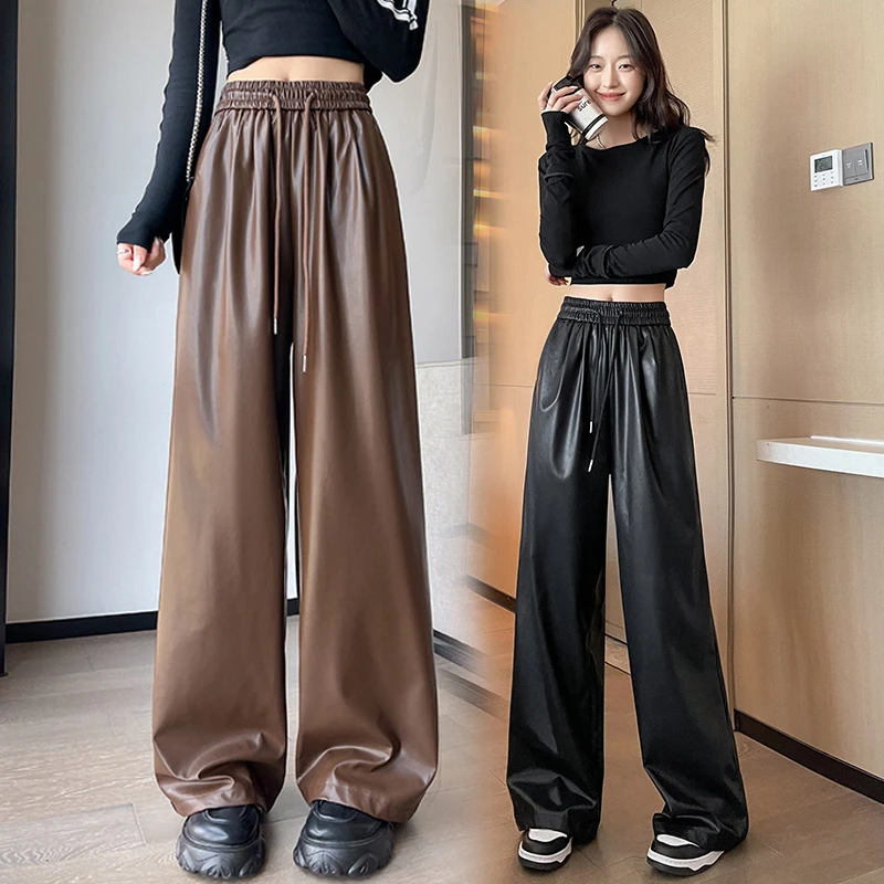 

Black High Waisted PU Leather Pants For Women's Autumn and Winter Fashion New Trend Of Small Straight Tube Loose Casual Pants