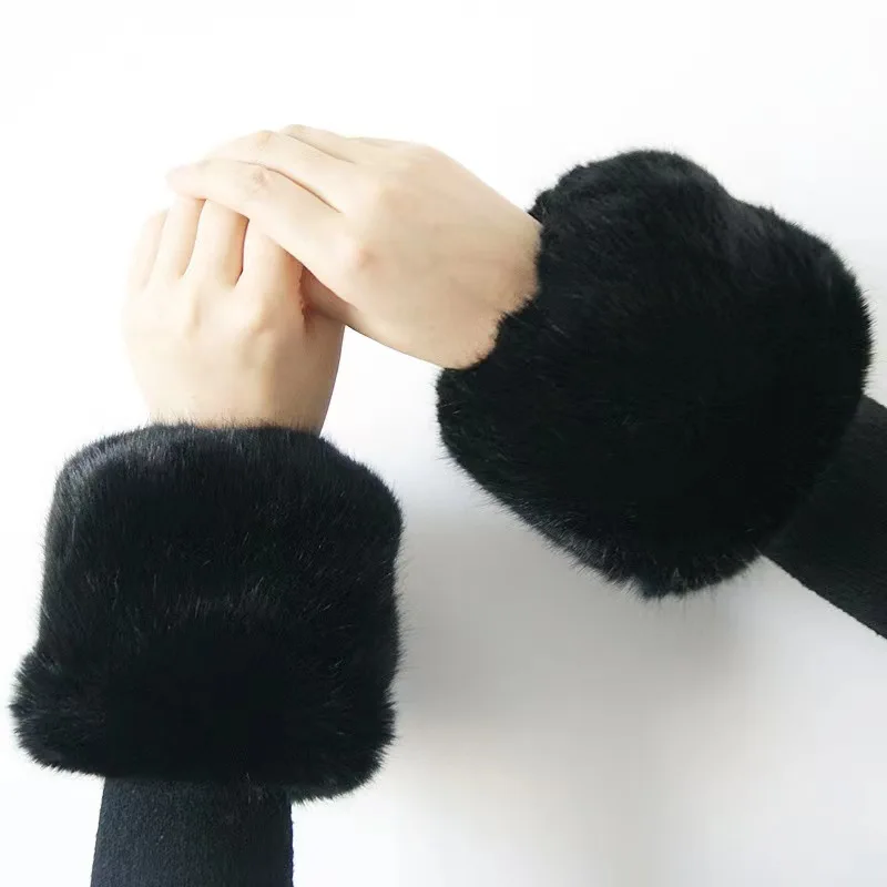 Women Knitted Faux Rabbit Fur Mittens Plush Glove Winter Warm Lady Fingerless Gloves Female Half Finger Touch Screen Work Gloves