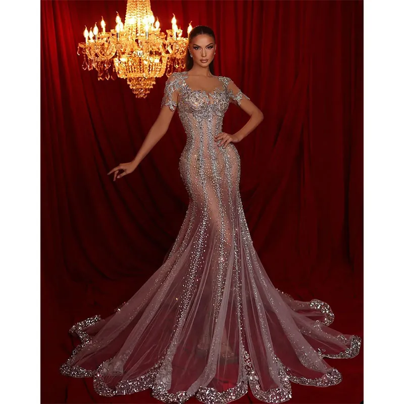 

Sexy Mermaid Evening Dresses Crystal Bridal Gowns Sweetheart Neck Party Short Sleeves Long Special Occasion Dress Custom Made