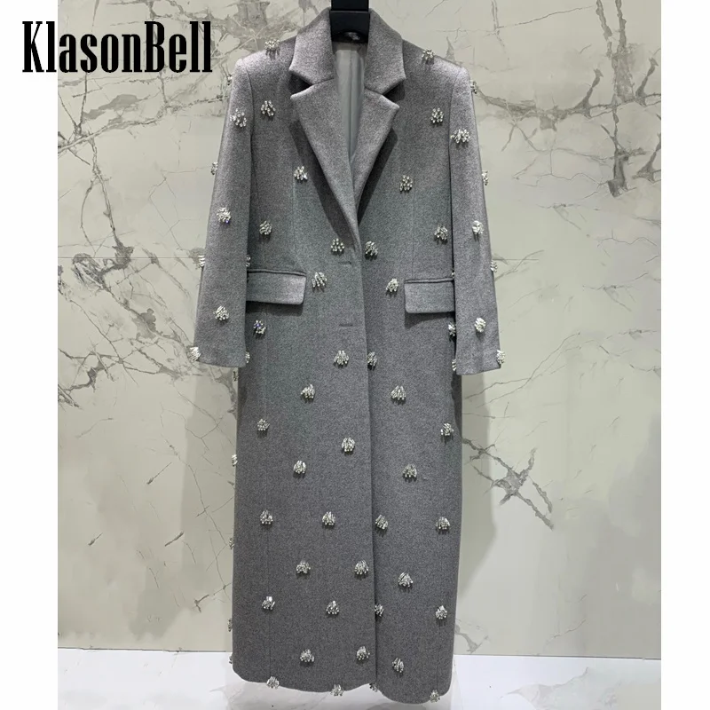 

10.26 KlasonBell Autumn Winter New Greey Elegant Fashion Hand Beading Diamonds Long Wool Coat Women's