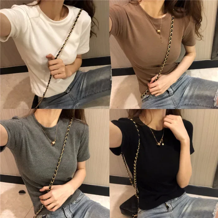 여성 라운드넥 베이직 반팔 티셔츠, 순색 밀크실크 원단, 시크한 레트로 패션, 한국 스타일, 용수철 시즌