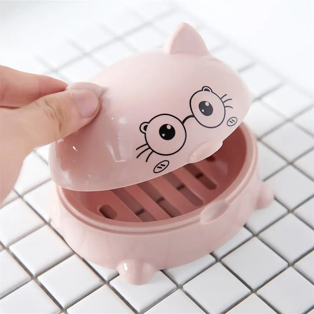 Plastic Cartoon Cat Soap Dish with Cover Soap Box Holder Case Cute Bathroom Storage Cleaning Bathroom Suppy Accessories 2