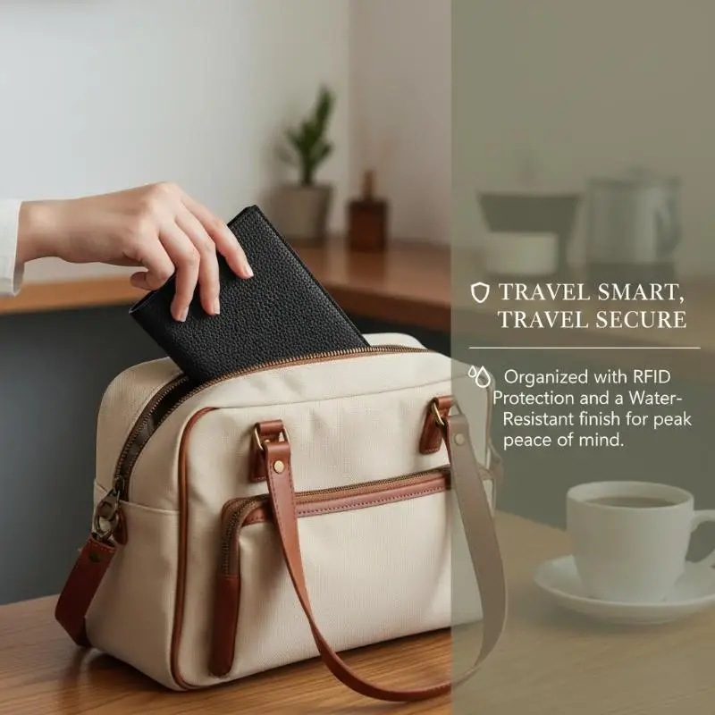Porta passaporto in pelle, portatile, impermeabile, multi-card, portafoglio da viaggio unisex, con cerniera, per documenti e monete - immagine 4