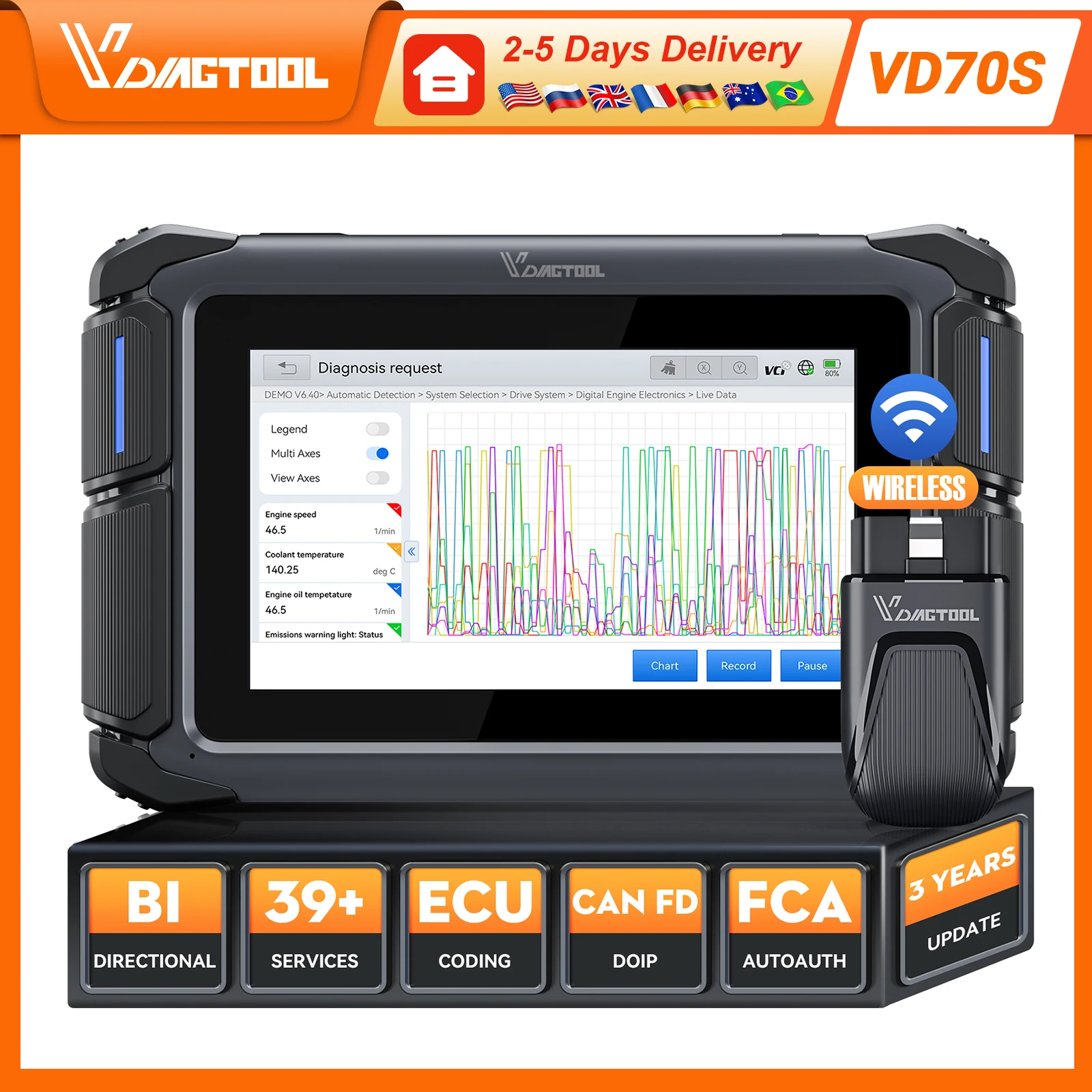 Ferramentas de Diagnóstico Automotivo VDIAGTOOL VD70S, Scanner de Codificação ECU, Suporte para Programação de Chaves FCA/CAN FD