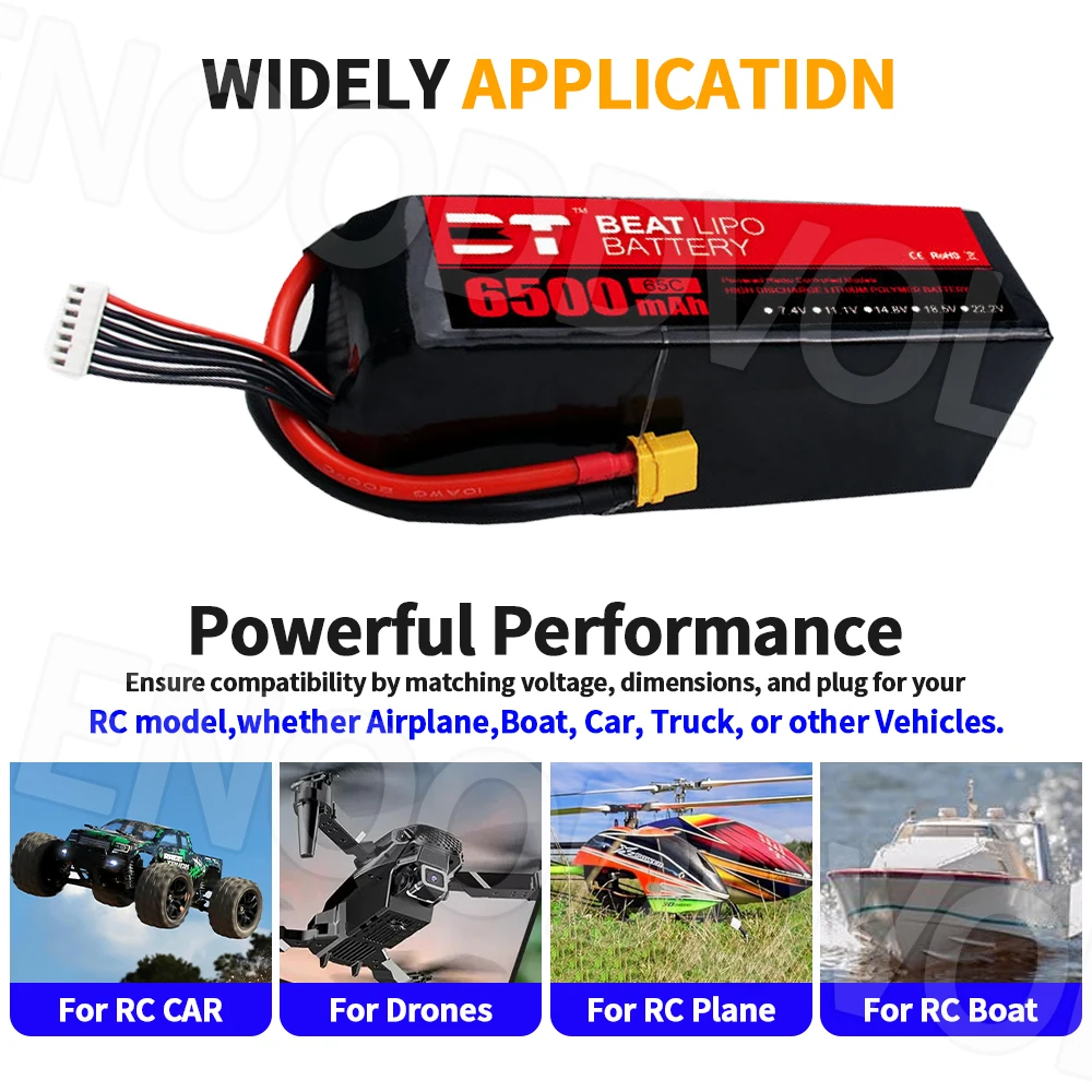 Vue latérale de la batterie LiPo 6S 22.2V 6500mAh 65C, câbles et connecteurs visibles