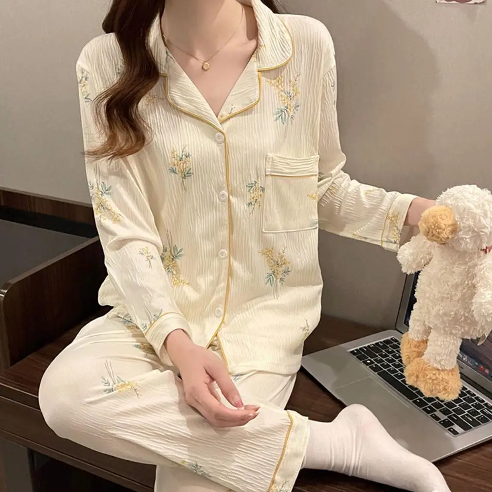 

Lady Spring Night Clothes Comfortable Stylish Women's Loungewear Set with Flower Print Pockets Elastic Waist for Fall Spring