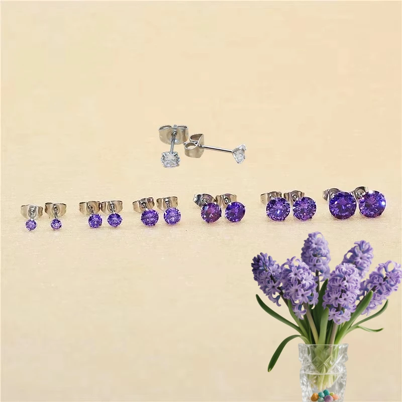 Mini-Lila 3AAA-Zirkon mit kurzen Ohrsteckern aus 316L-Edelstahl, Kristallschmuck, Größe 3 mm bis 8 mm, allergiefrei, kein leichtes Verblassen